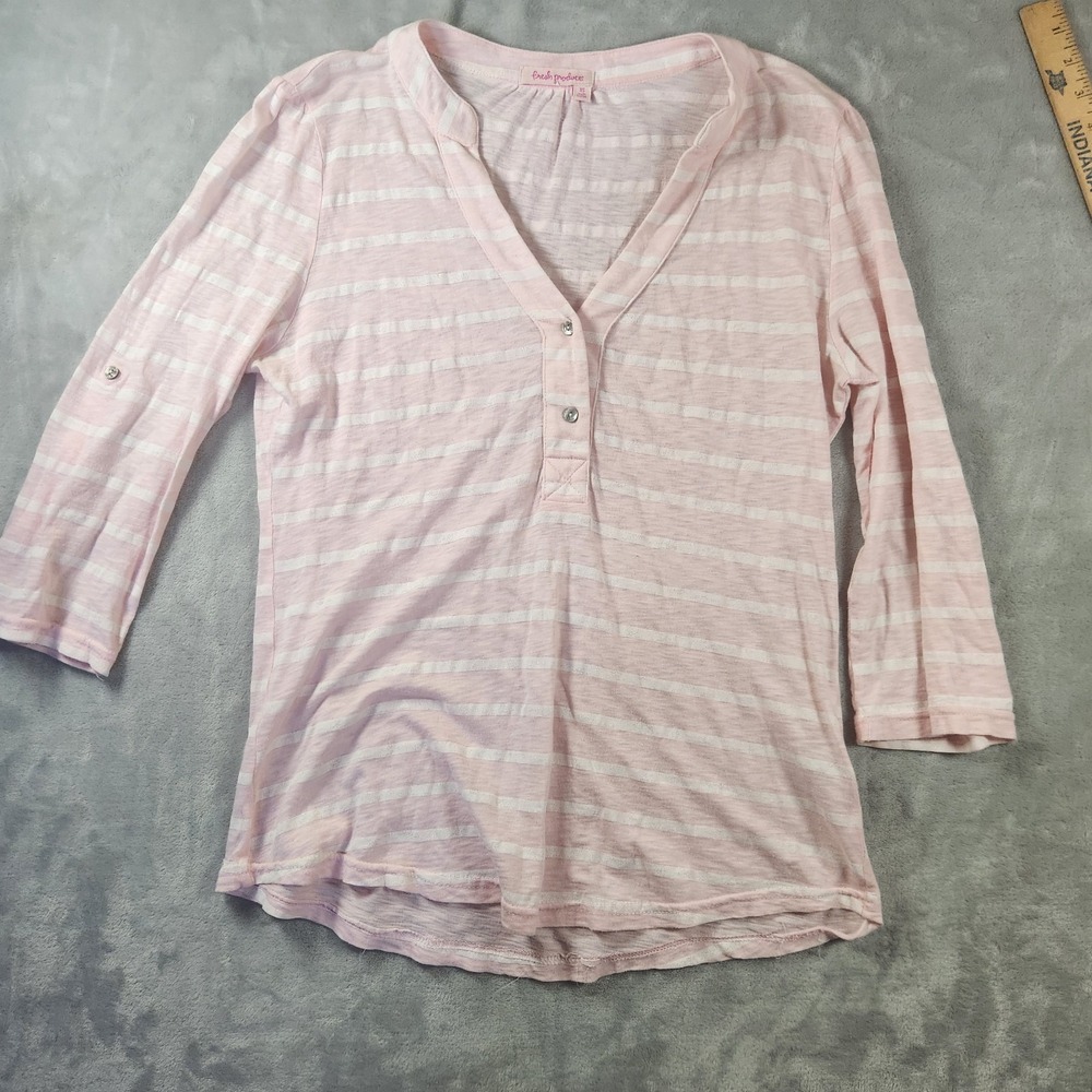 Fresh Produce XS  Henley Top‎ Pink White Striped 3/4 Sleeve